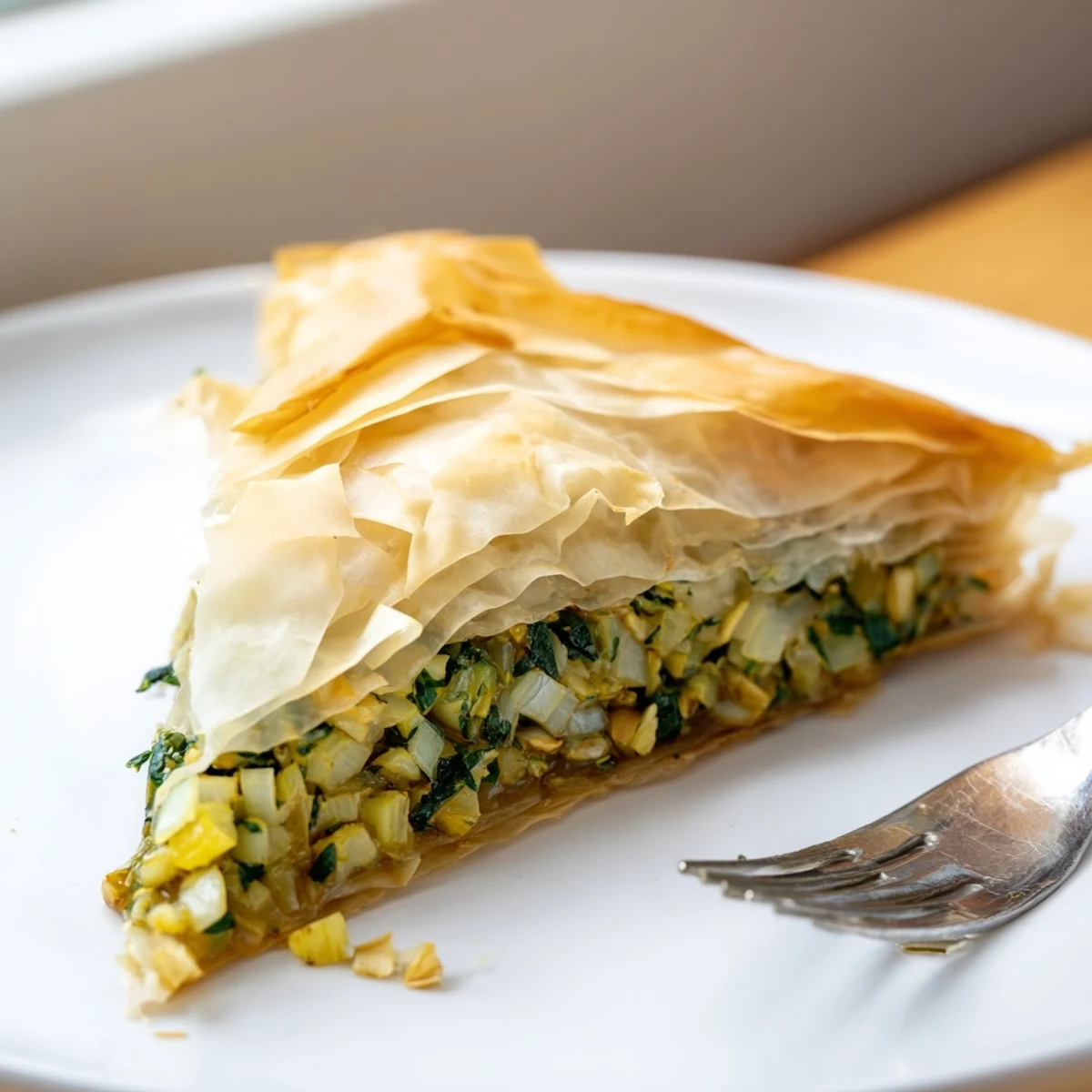 Savory authentic Greek spanakopita sliced into squares, showing crisp buttery pastry and vibrant green herb filling