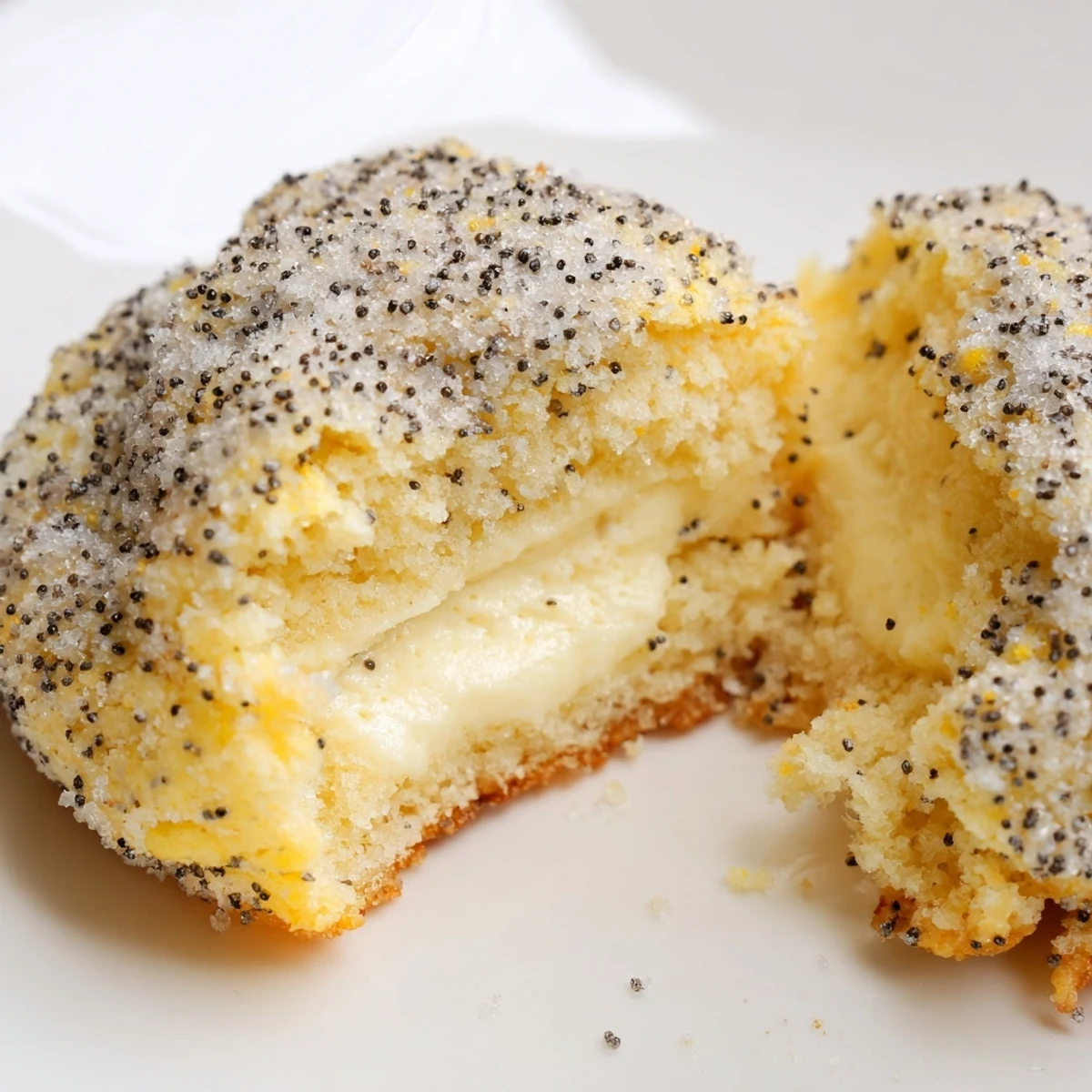 Golden lemon poppy seed cheesecake cookies with creamy centers and sugar-crusted edges
