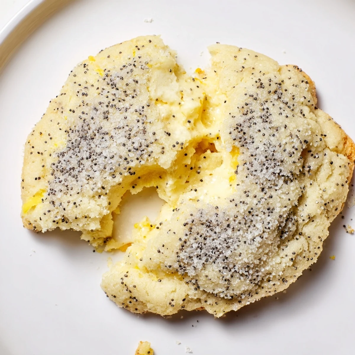 Soft-baked lemon poppy seed cheesecake cookies oozing tangy cream cheese filling on white plate
