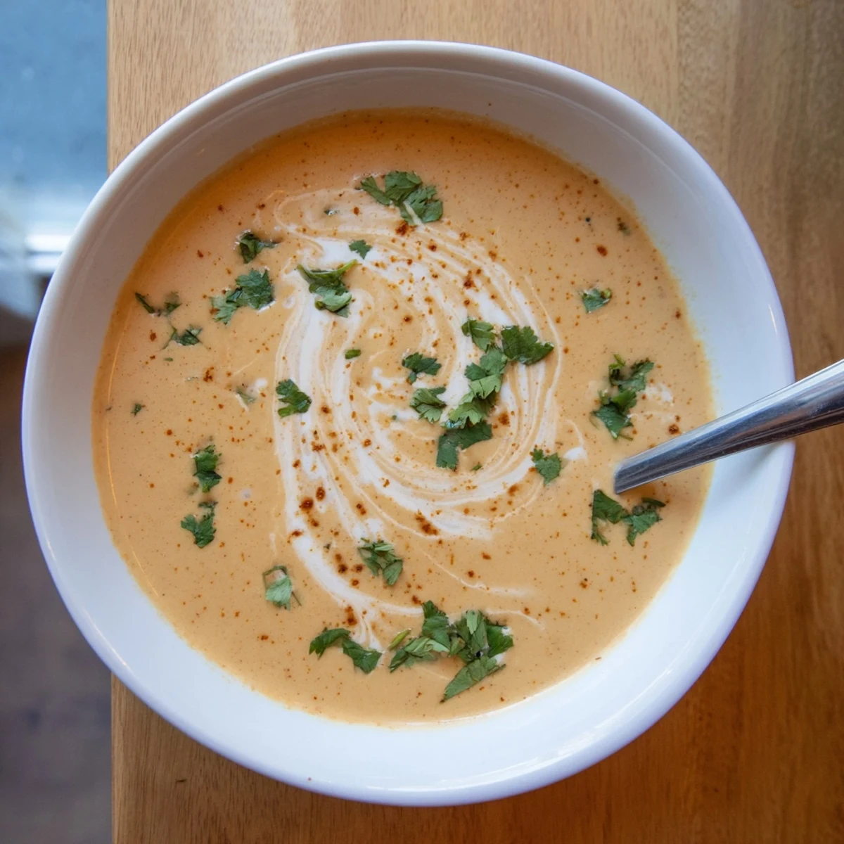 Creamy spicy apple soup garnished with fresh herbs and coconut cream swirl in a white bowl