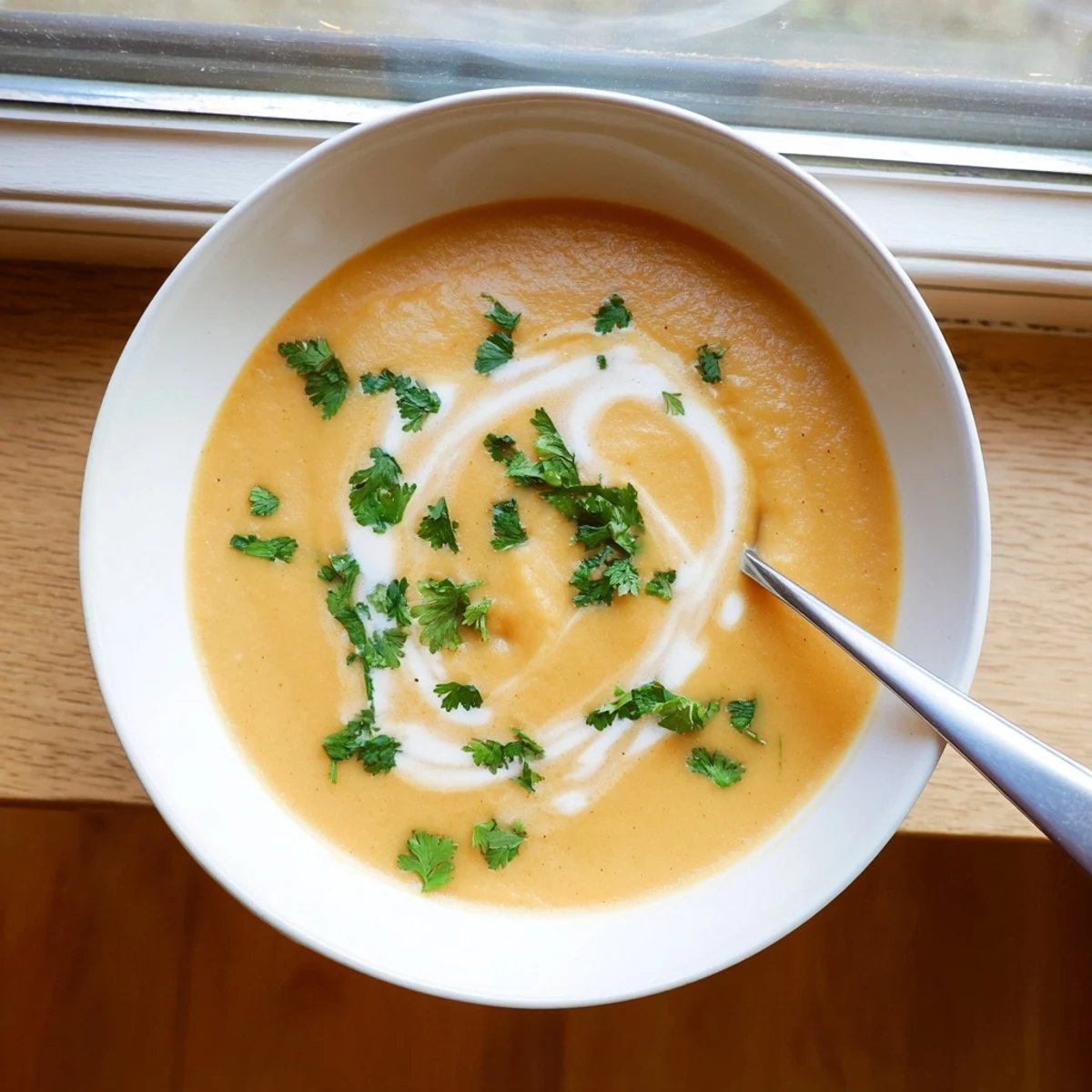 Steam rising from a bowl of smooth spicy apple soup served with crusty bread for autumn