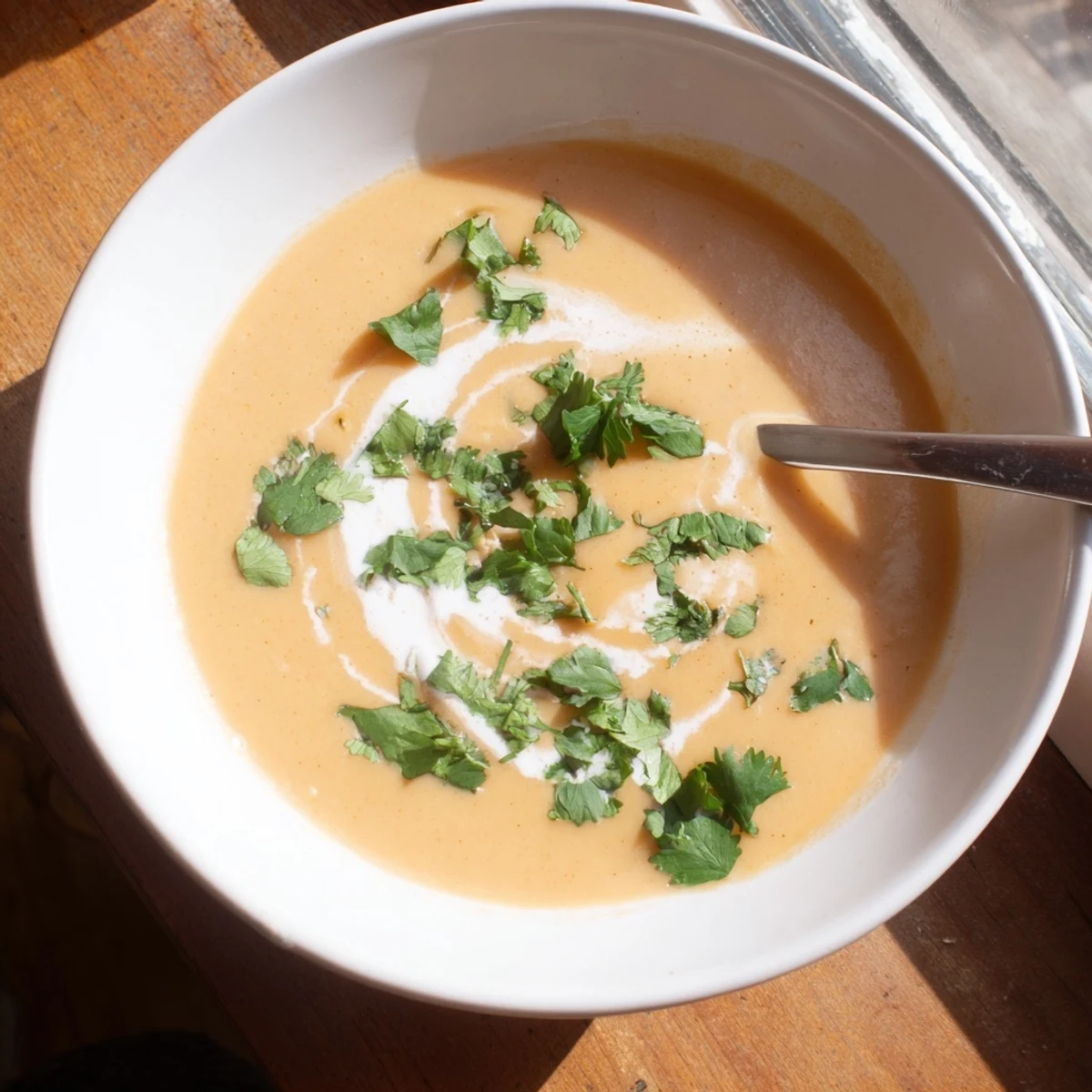 Velvety spicy apple soup featuring tender chunks and aromatic spices ladled into a rustic bowl