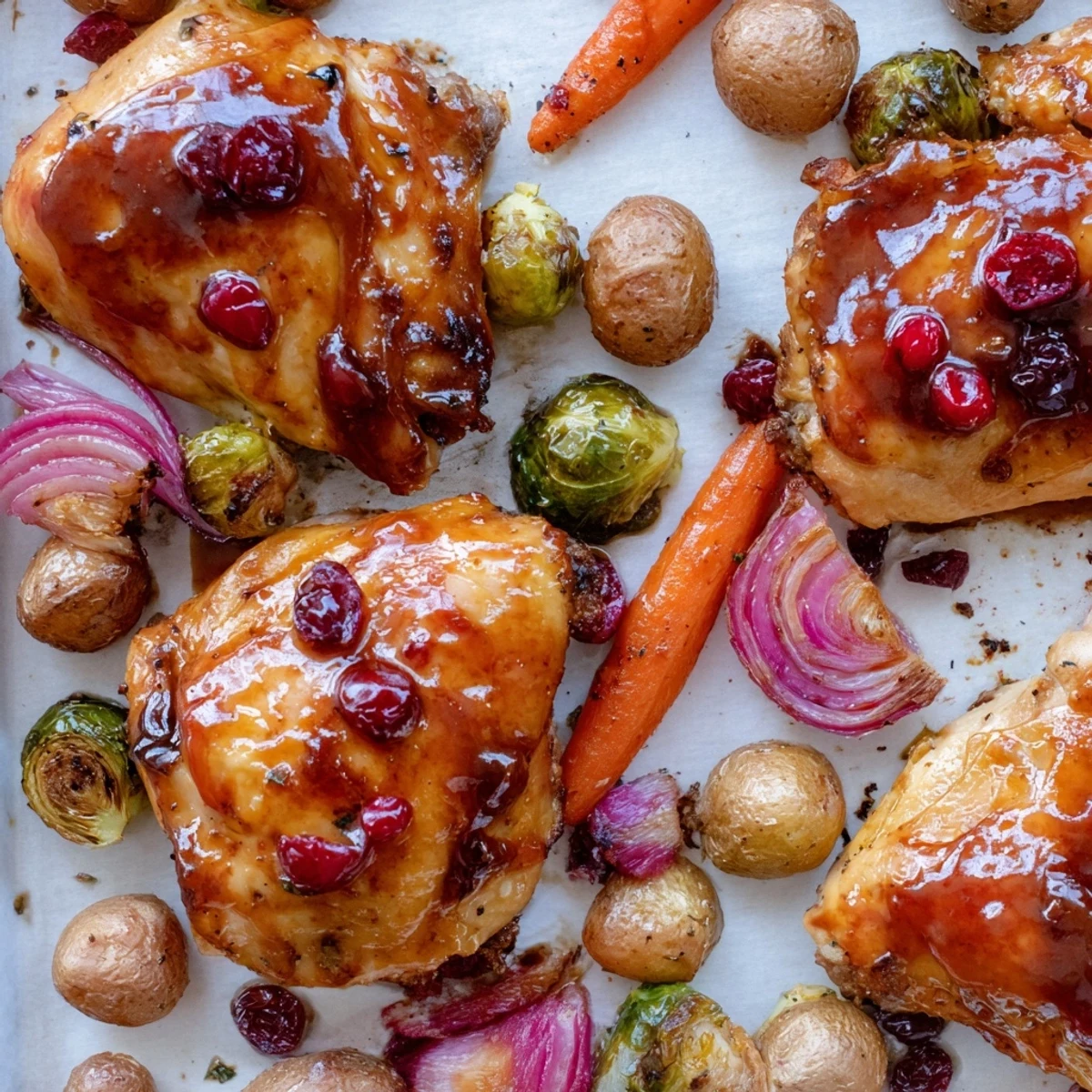 Juicy one pan honey cranberry chicken dinner featuring tender meat and roasted seasonal vegetables on a baking sheet