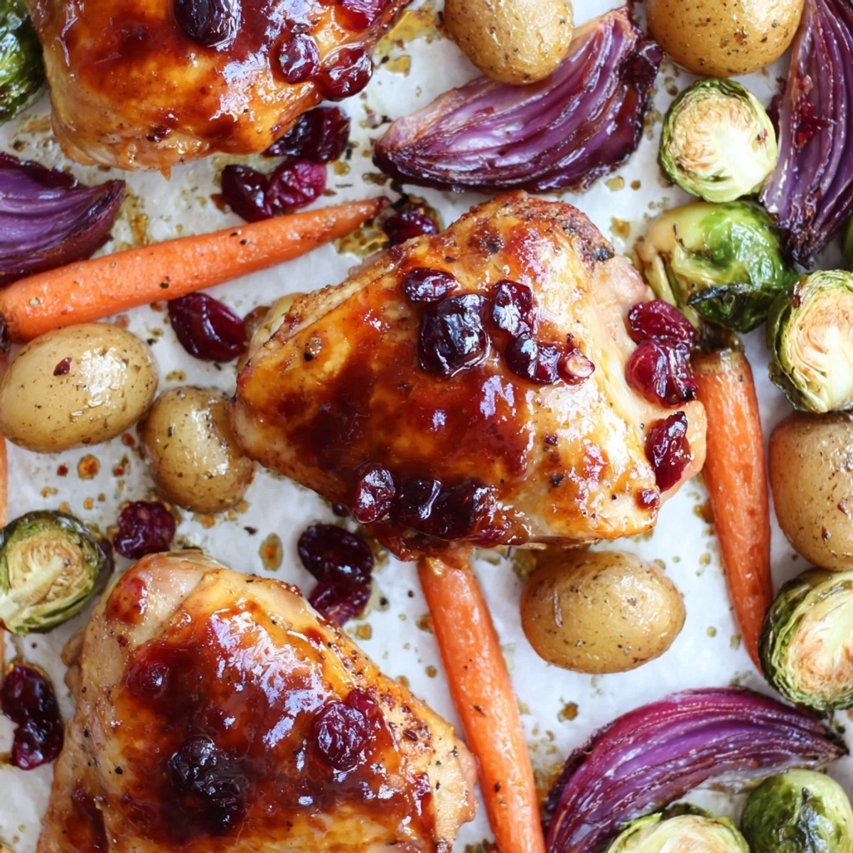 Golden glazed chicken breasts roasted with colorful Brussels sprouts, potatoes, and carrots in honey cranberry sauce