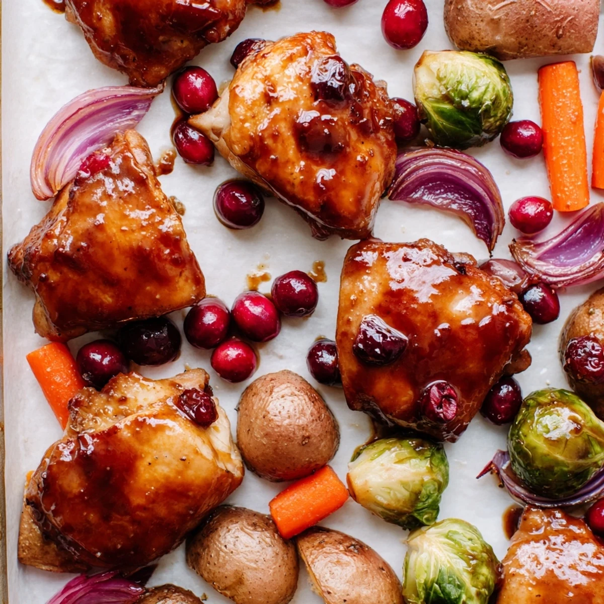 Wholesome family meal with glazed chicken nestled alongside caramelized veggies and tart cranberries on a single baking pan