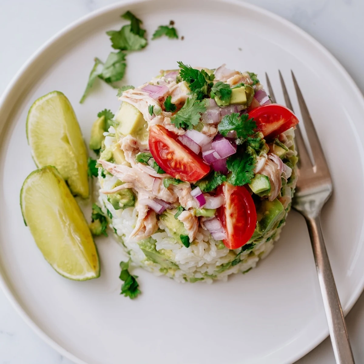 Honey Lime Chicken Avocado Rice Stack featuring juicy grilled chicken slices atop fluffy rice with creamy diced avocado and fresh cilantro garnish