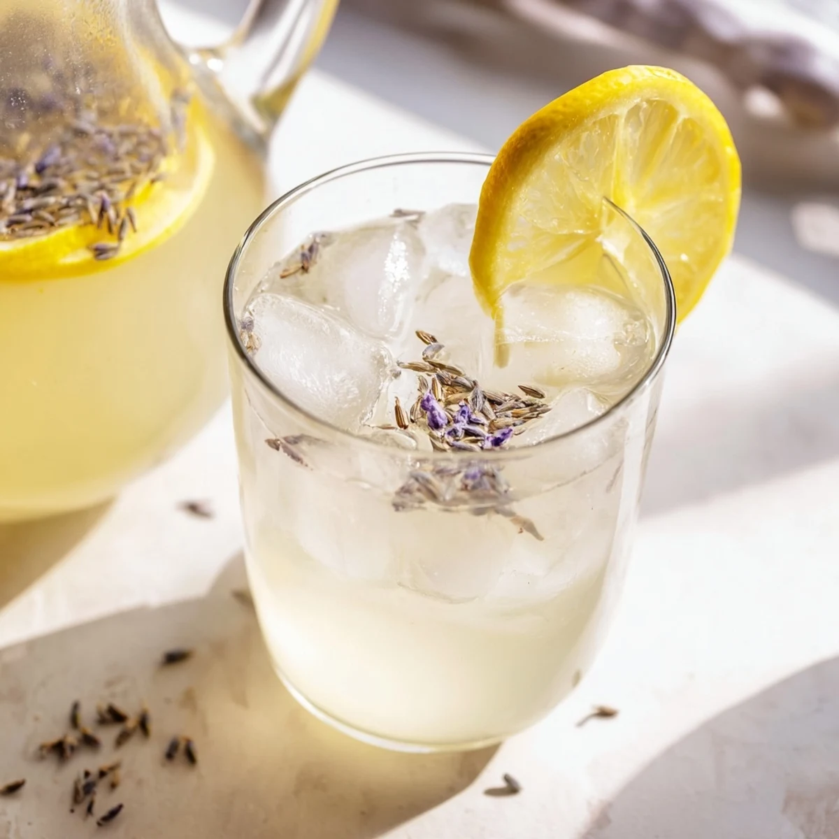 Glass pitcher of lavender lemonade garnished with fresh lemon slices and purple sprigs