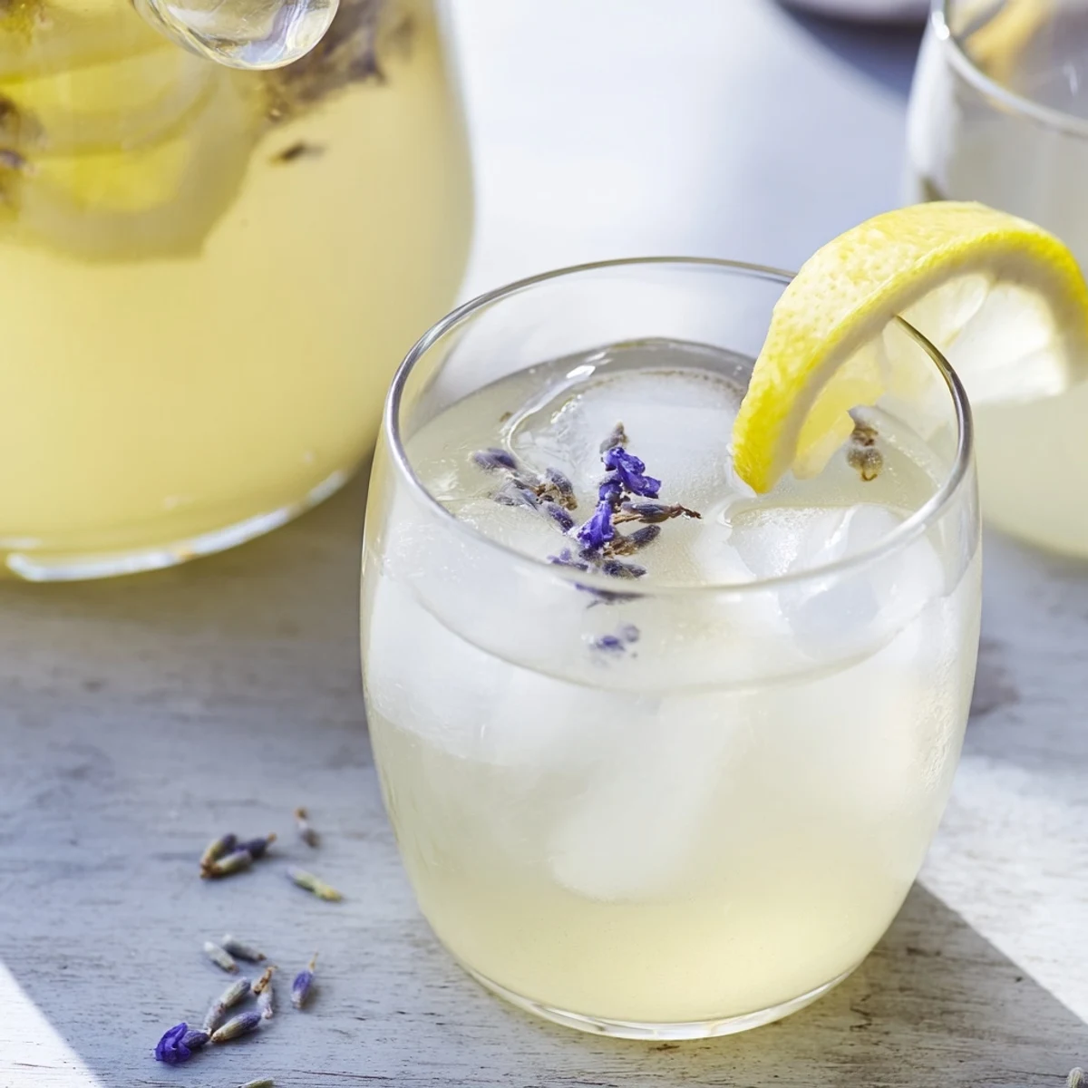 Refreshing pitcher of homemade lavender lemonade with floating ice cubes and lemon wheel garnish