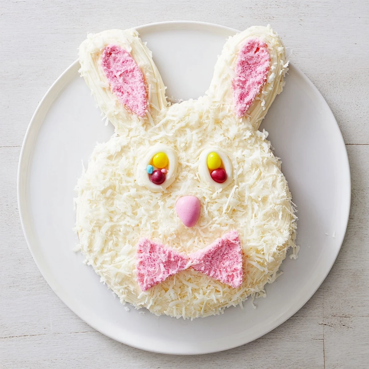Adorable Easter bunny cake with fluffy coconut frosting and candy decorations on display