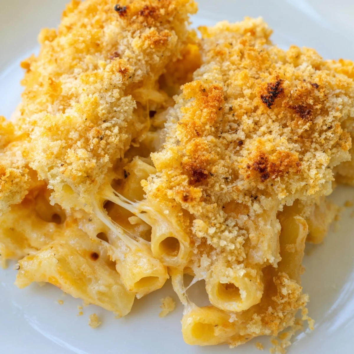 Golden three cheese baked macaroni with crispy panko topping bubbling in a casserole dish