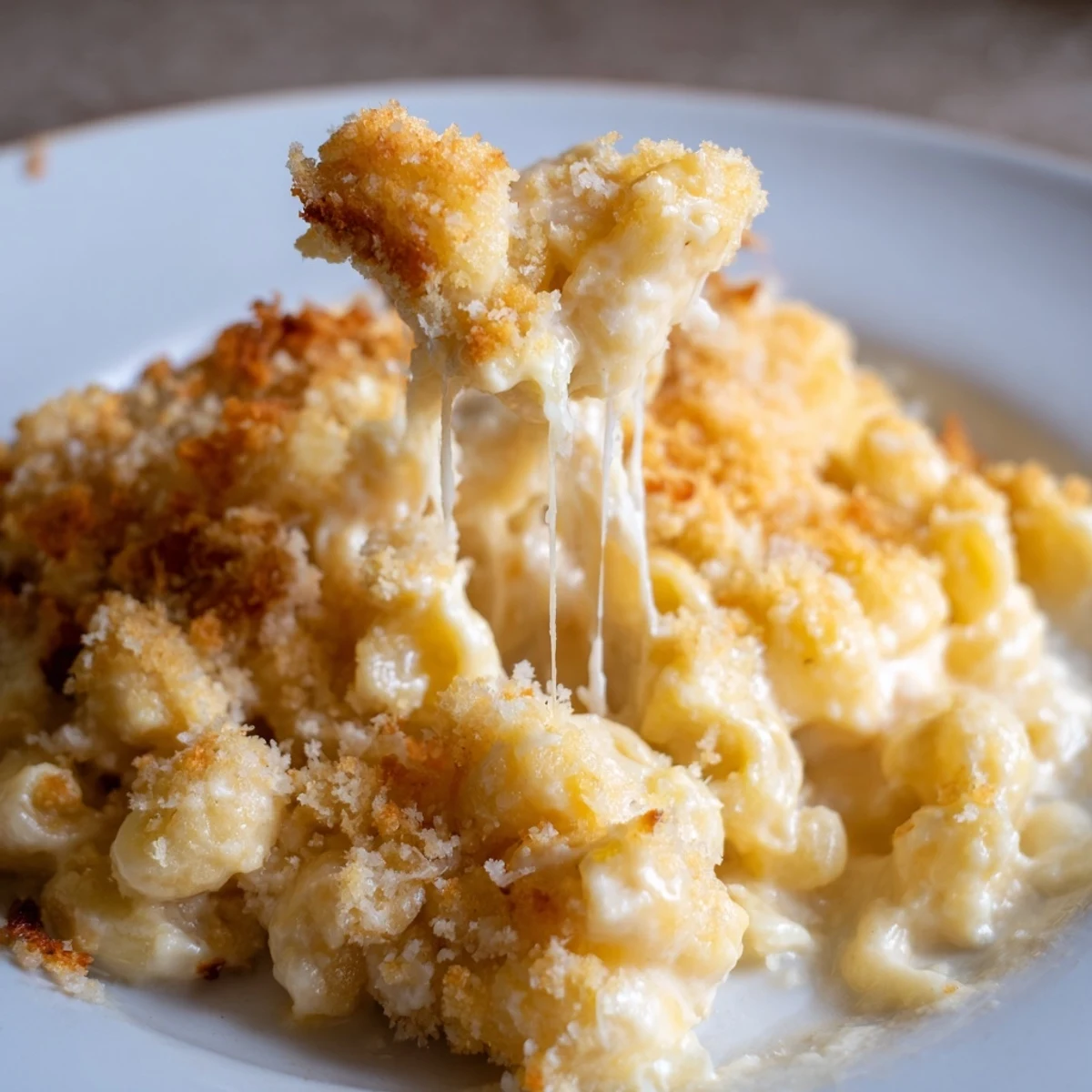 Creamy three cheese baked macaroni served steaming hot with melted cheese sauce throughout