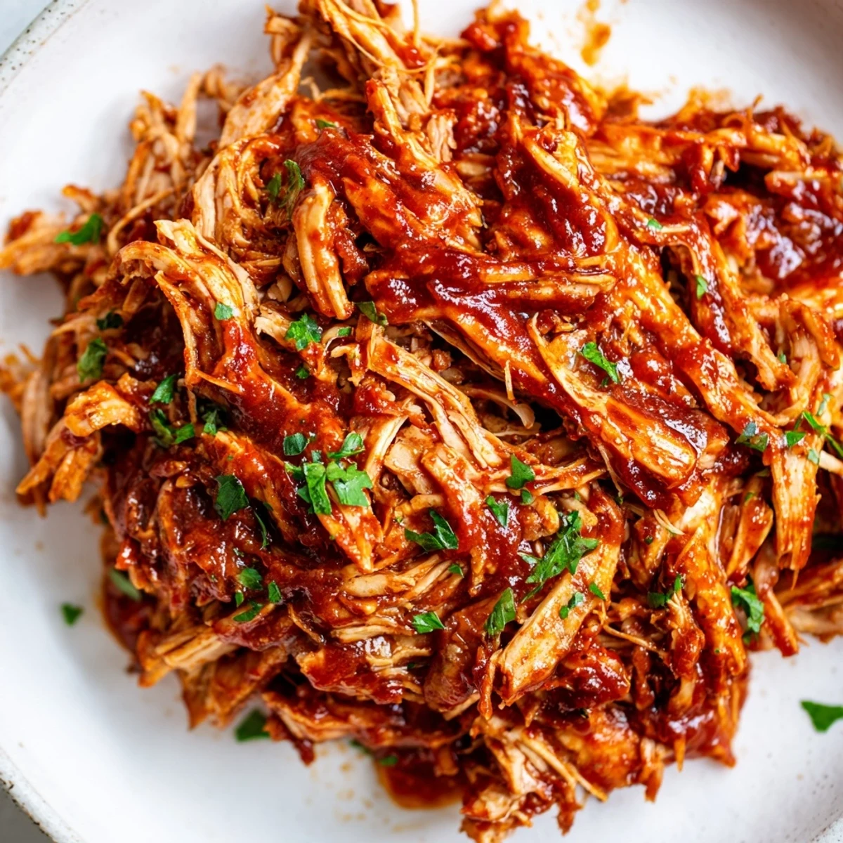 Tender Sweet Baby Ray's crockpot chicken glistening with rich barbecue sauce on a white plate
