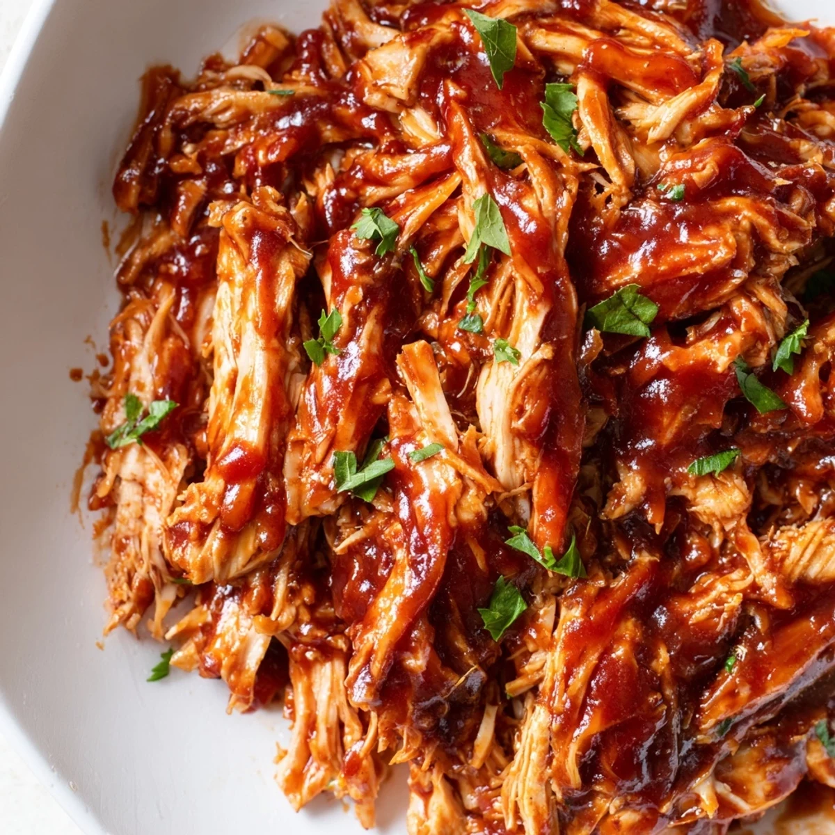 Savory Sweet Baby Ray's crockpot chicken shredded and coated in thick, glossy honey BBQ glaze
