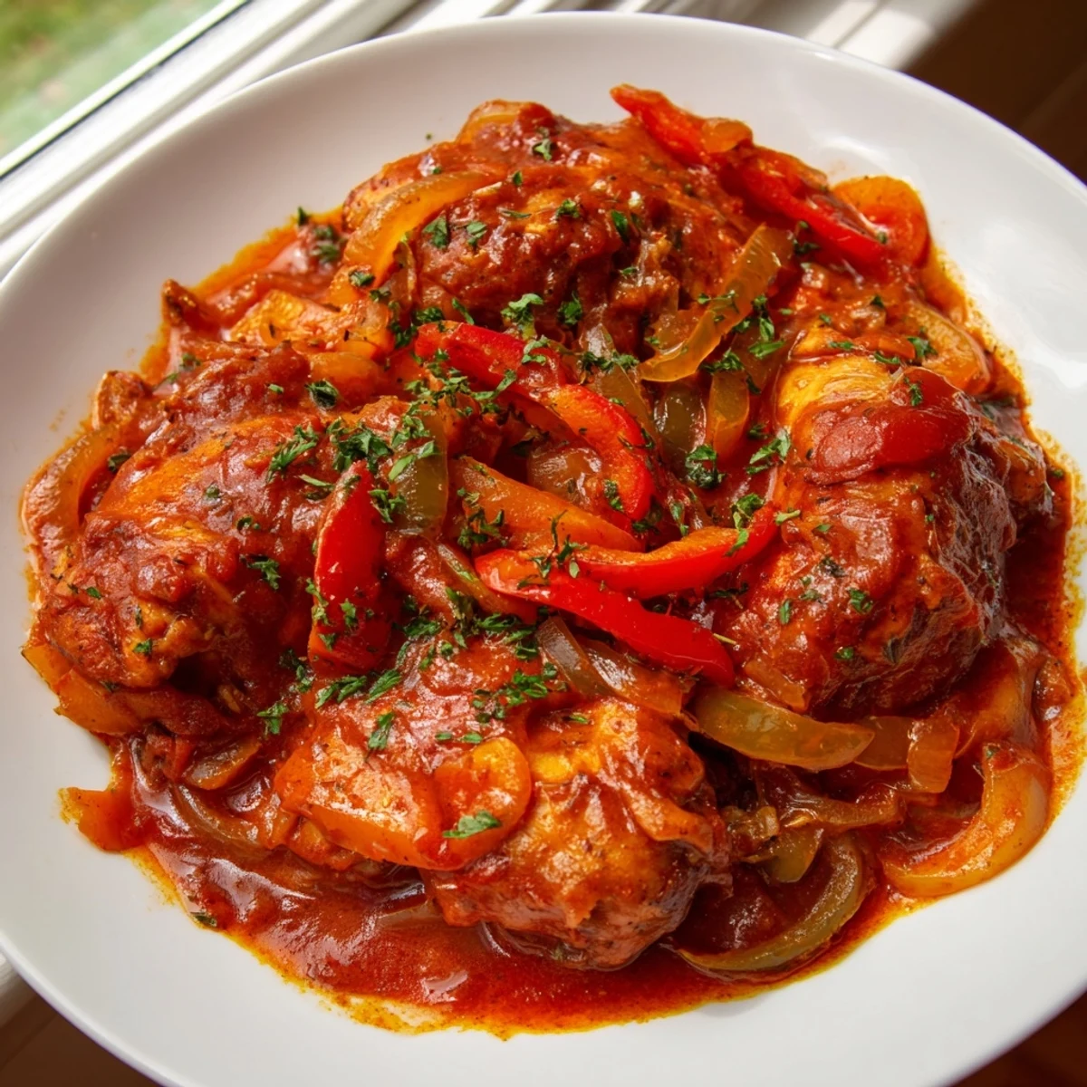 Tender Senegalese chicken simmered in rich tomato sauce with colorful bell peppers