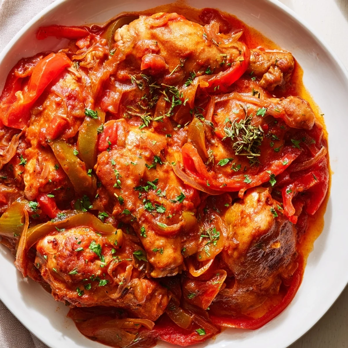 Golden brown Senegalese chicken pieces nestled in aromatic spiced onion and tomato stew