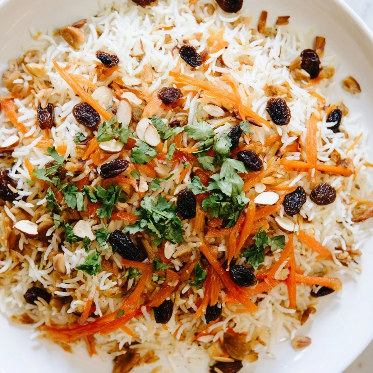 Golden Afghan rice crowned with caramelized carrots, plump raisins, and toasted almonds on a white platter