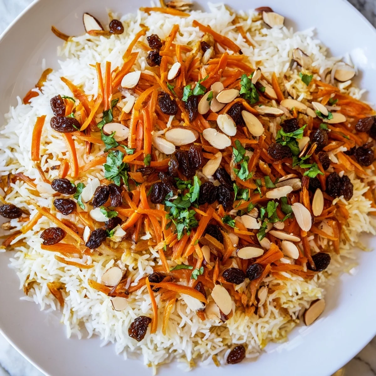 Steaming Afghan rice speckled with warm spices and topped with sweet glazed carrots and raisins