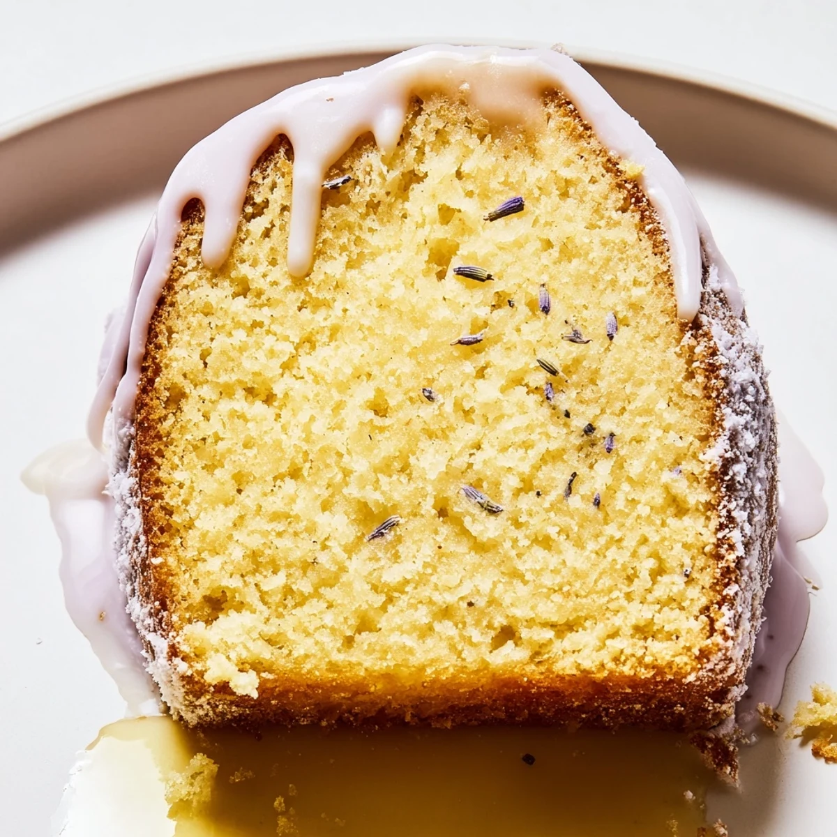 Lavender cake with lemon glaze drizzled over a tender, purple-flecked crumb