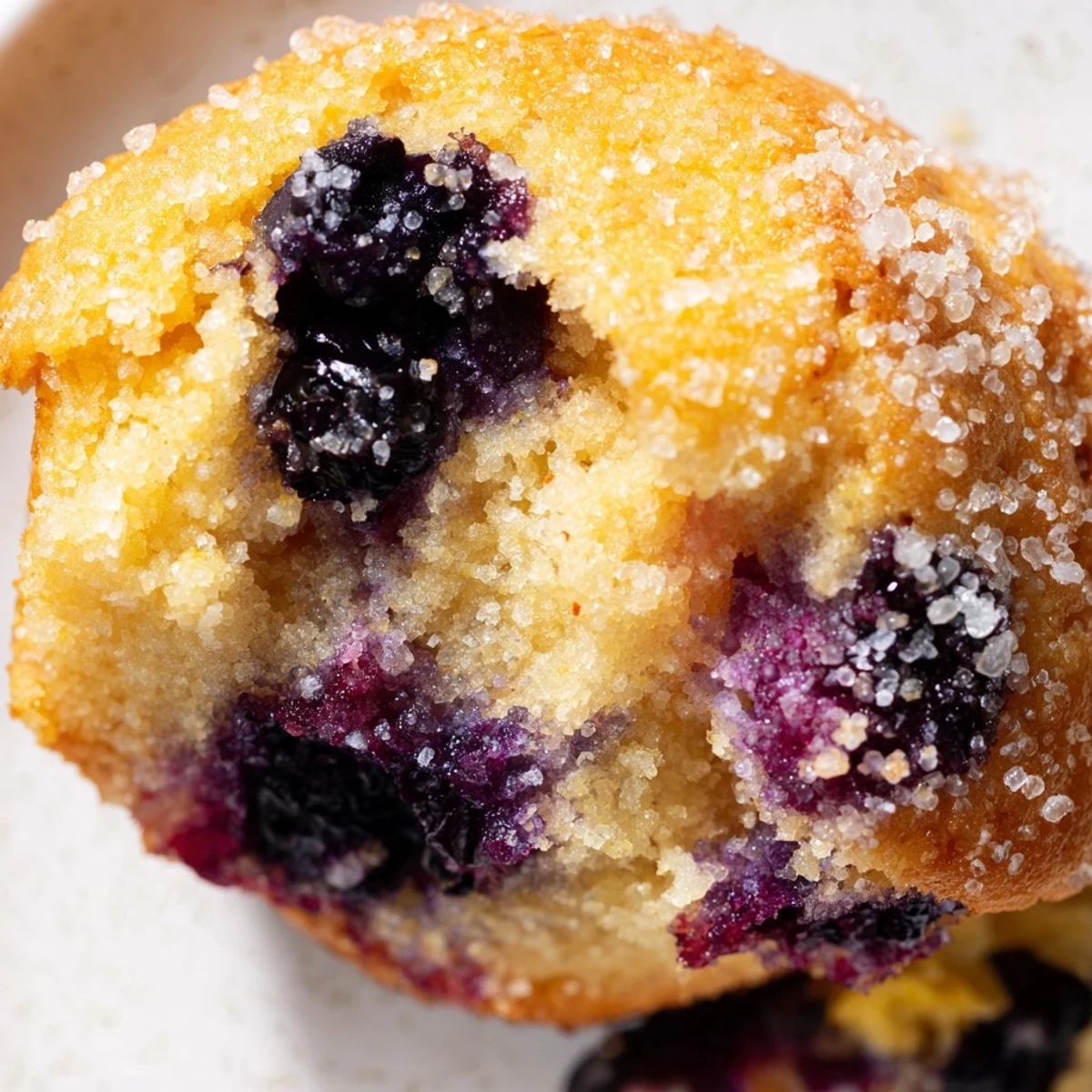Golden lemon blueberry muffins with sparkling sugar tops on a rustic white plate