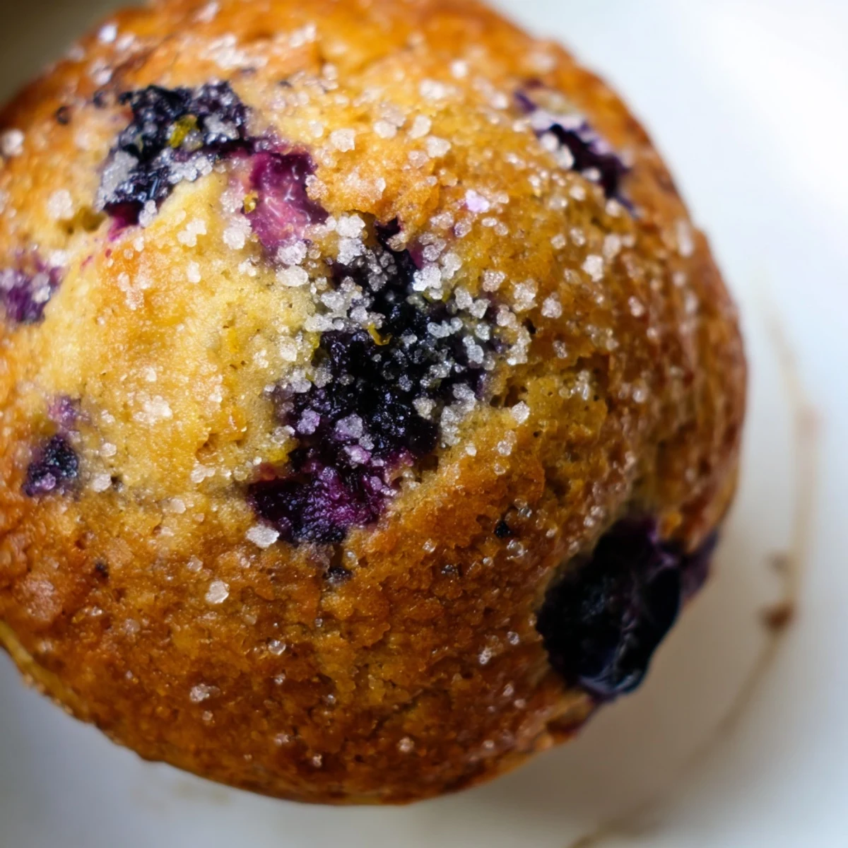 Tall bakery-style lemon blueberry muffins with golden crusts arranged on a wire cooling rack