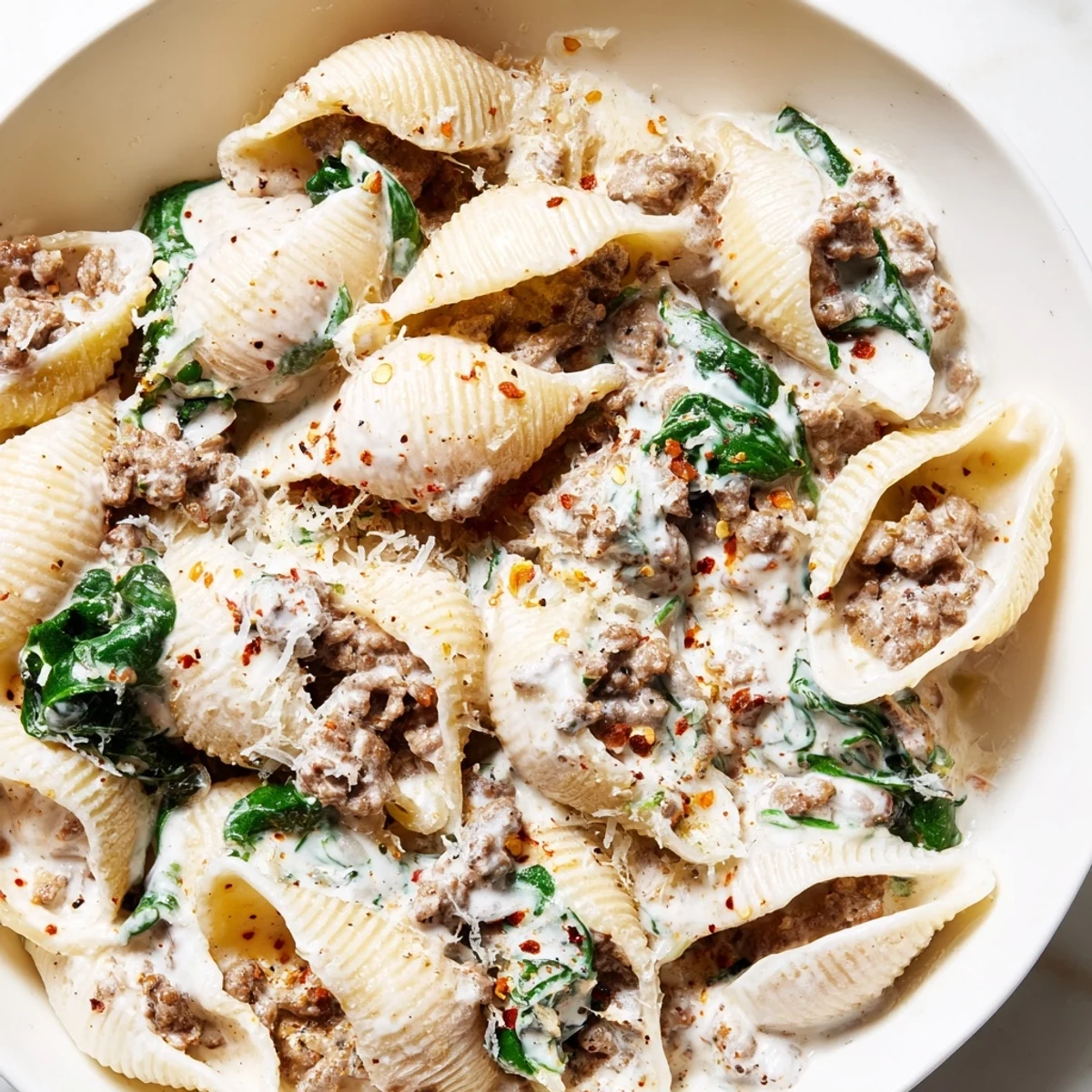 Creamy high protein beef pasta in a white bowl with parmesan and fresh herbs