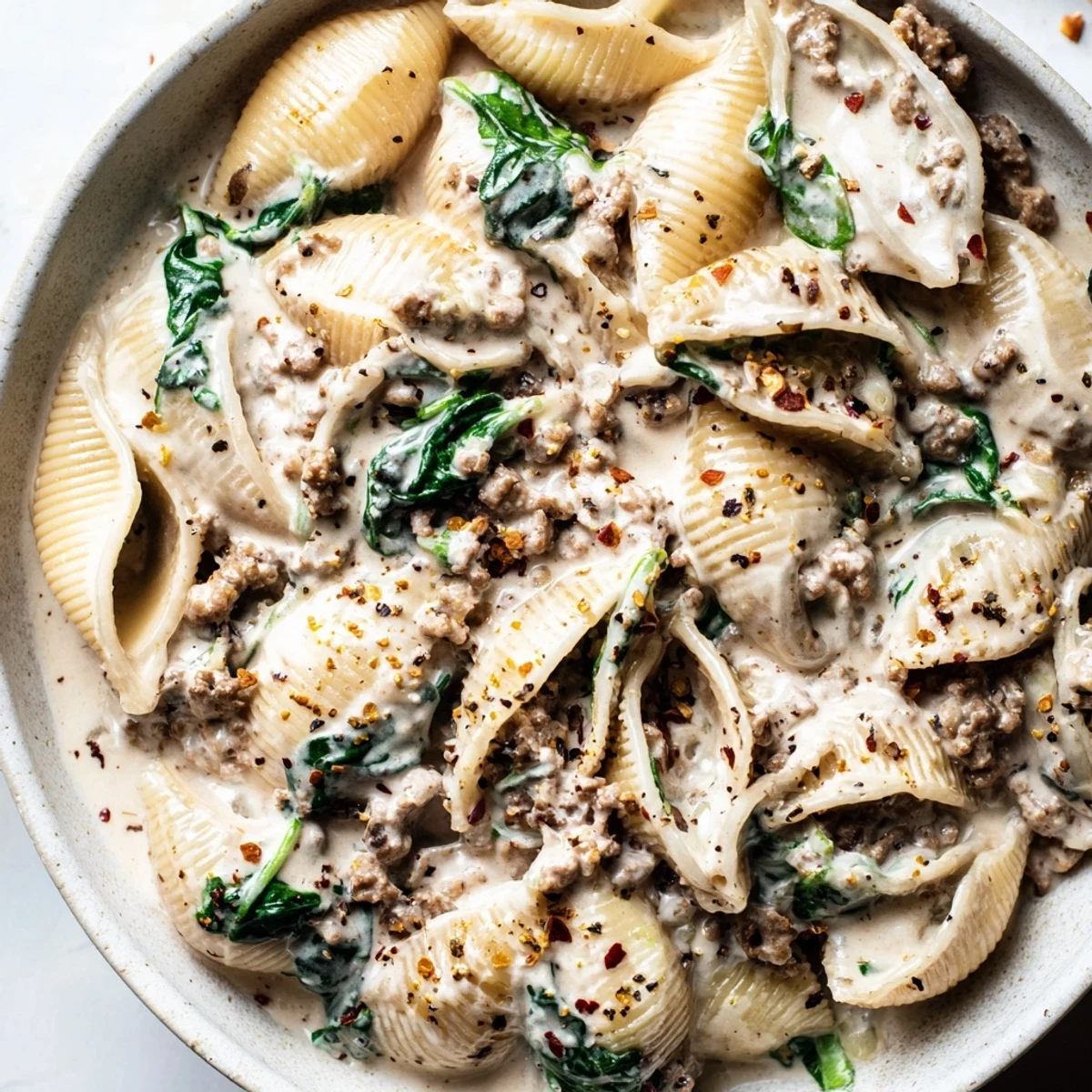 Tender beef and spinach tossed through creamy high protein beef pasta sauce