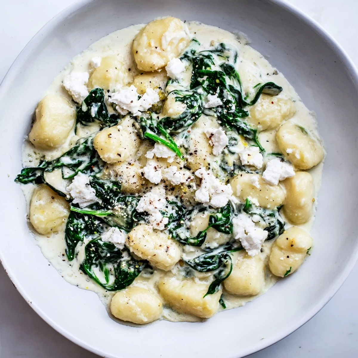 Creamy gnocchi with spinach and feta glistening in a white ceramic serving bowl