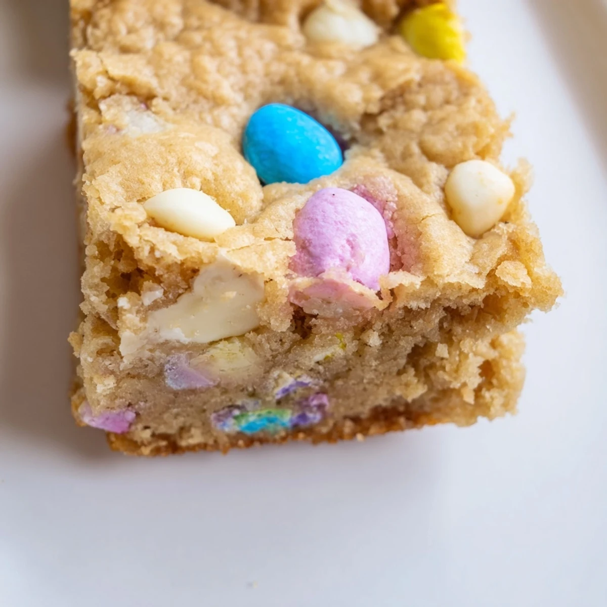 Chewy Mini Cadbury Easter Egg blondies with colorful candy pieces scattered throughout golden bars