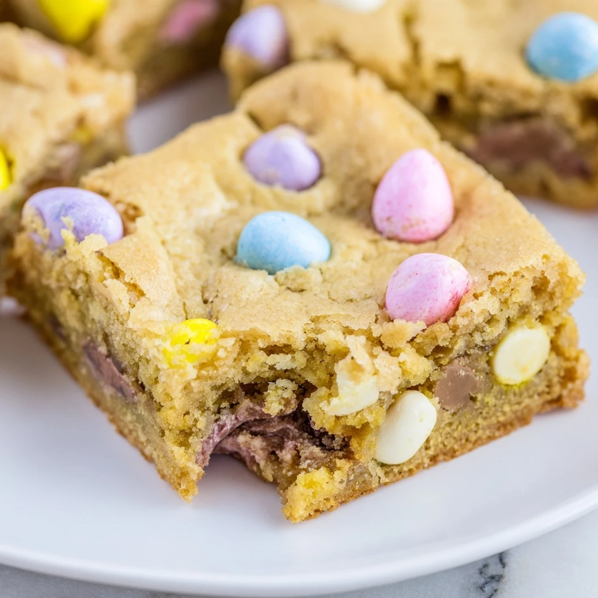 Golden blondie squares studded with pastel Mini Cadbury Easter Eggs and melted white chocolate chunks