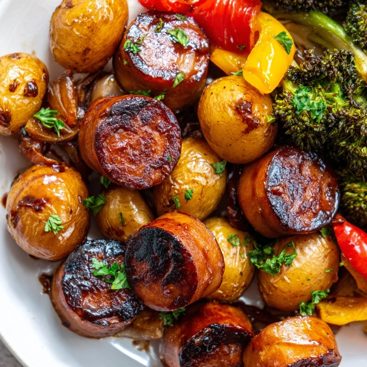 Golden honey garlic kielbasa with roasted vegetables on a sheet pan, glazed and caramelized