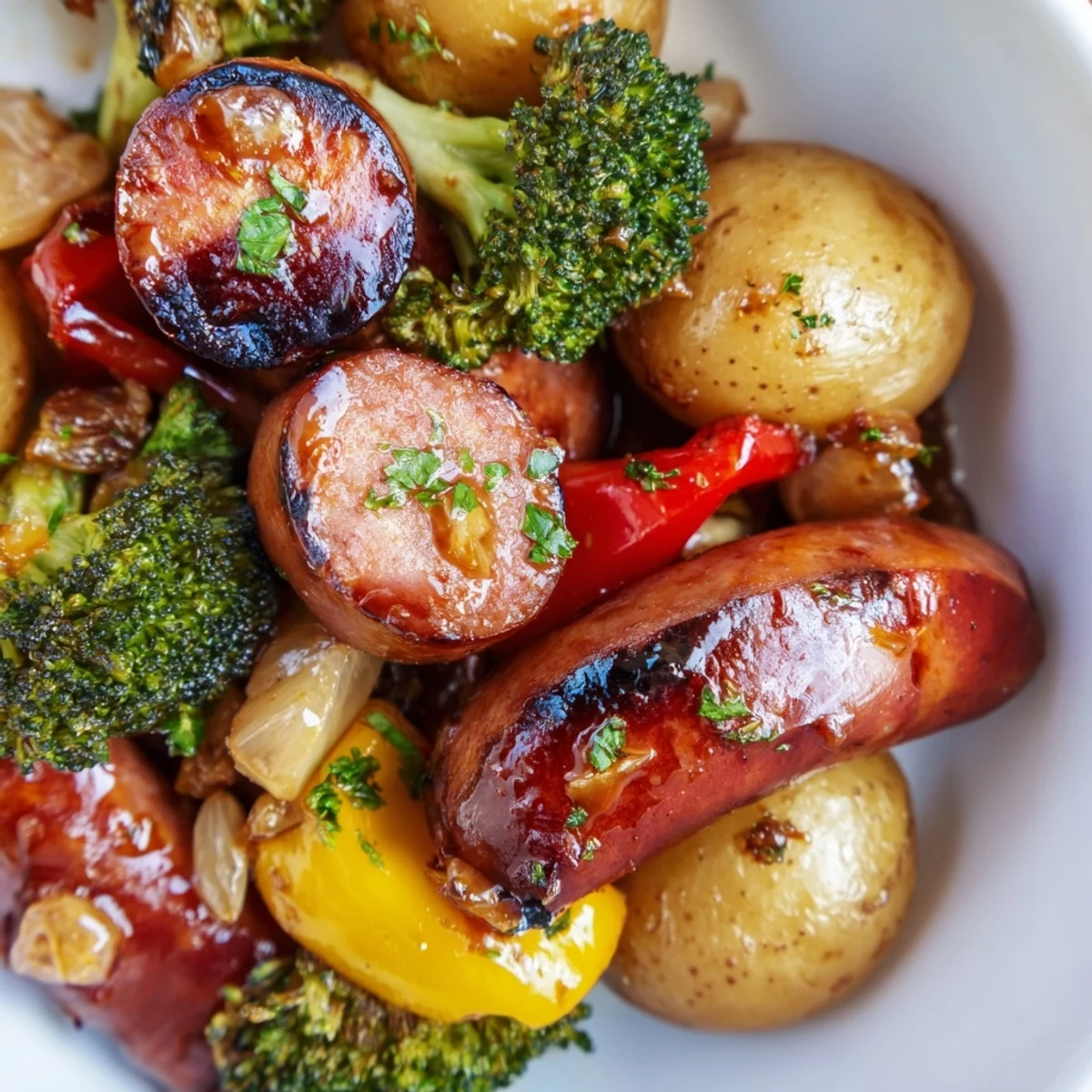 One pan honey garlic kielbasa veggies featuring crisp broccoli, tender potatoes, and colorful peppers