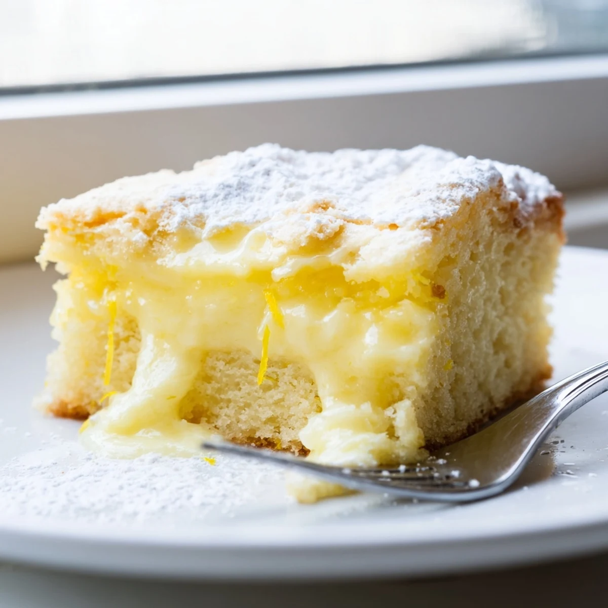 Golden Lemon Gooey Butter Cake squares dusted with powdered sugar on a rustic serving plate