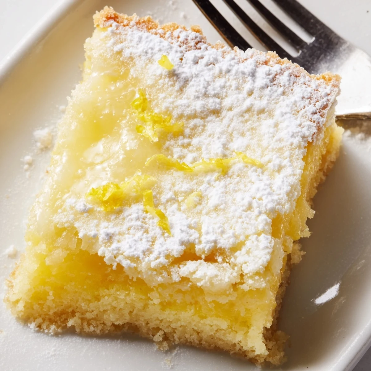 Creamy Lemon Gooey Butter Cake with glossy custard filling and golden brown buttery crust edges