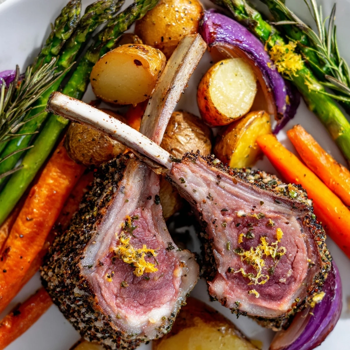 Golden herb-crusted lamb chops and roasted vegetables on Easter dinner sheet pan
