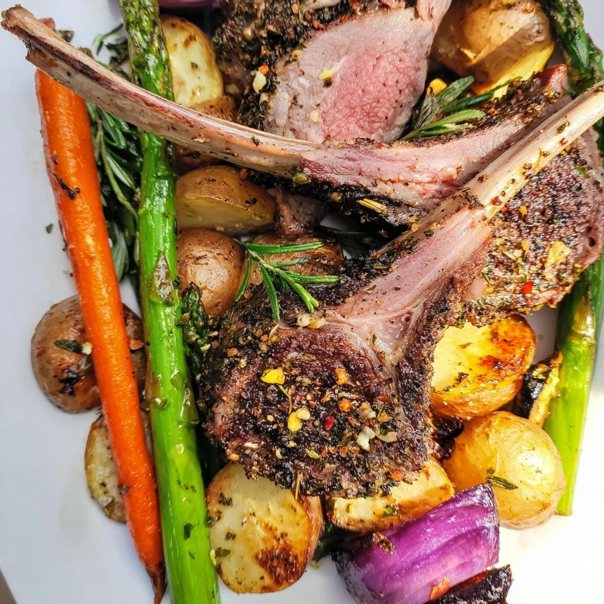 Easter dinner sheet pan with tender lamb, baby potatoes, carrots, and fresh asparagus