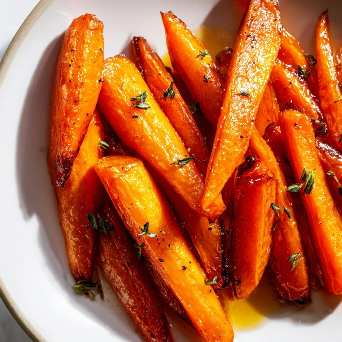 Golden honey roasted carrots glistening with caramelized edges on a rustic white serving plate
