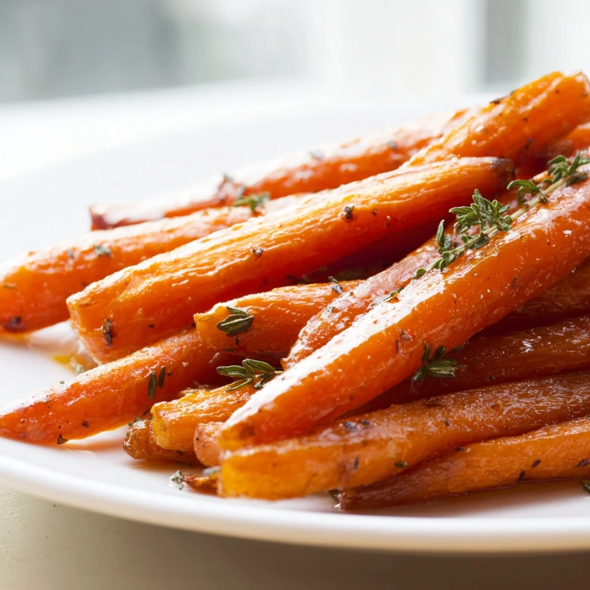 Tender honey roasted carrots seasoned with fresh thyme and arranged on parchment paper