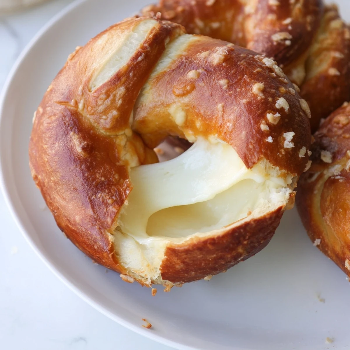 Golden brown mozzarella stuffed soft pretzels with coarse salt on rustic parchment paper