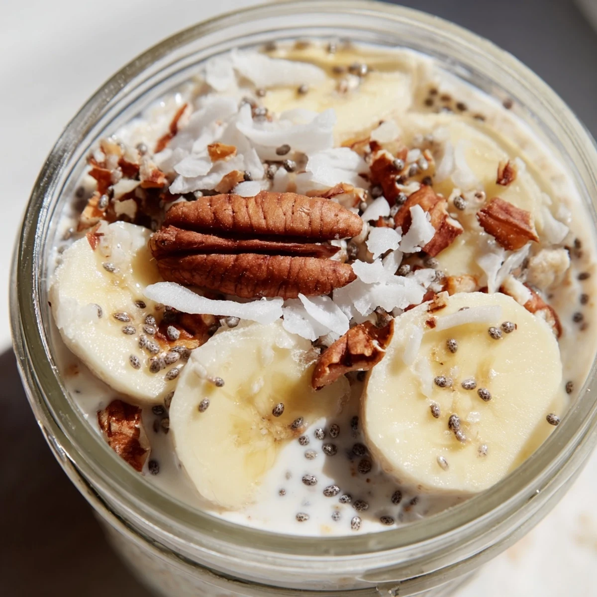 Coconut cream pie overnight oats layered with crunchy pecans and fresh banana slices