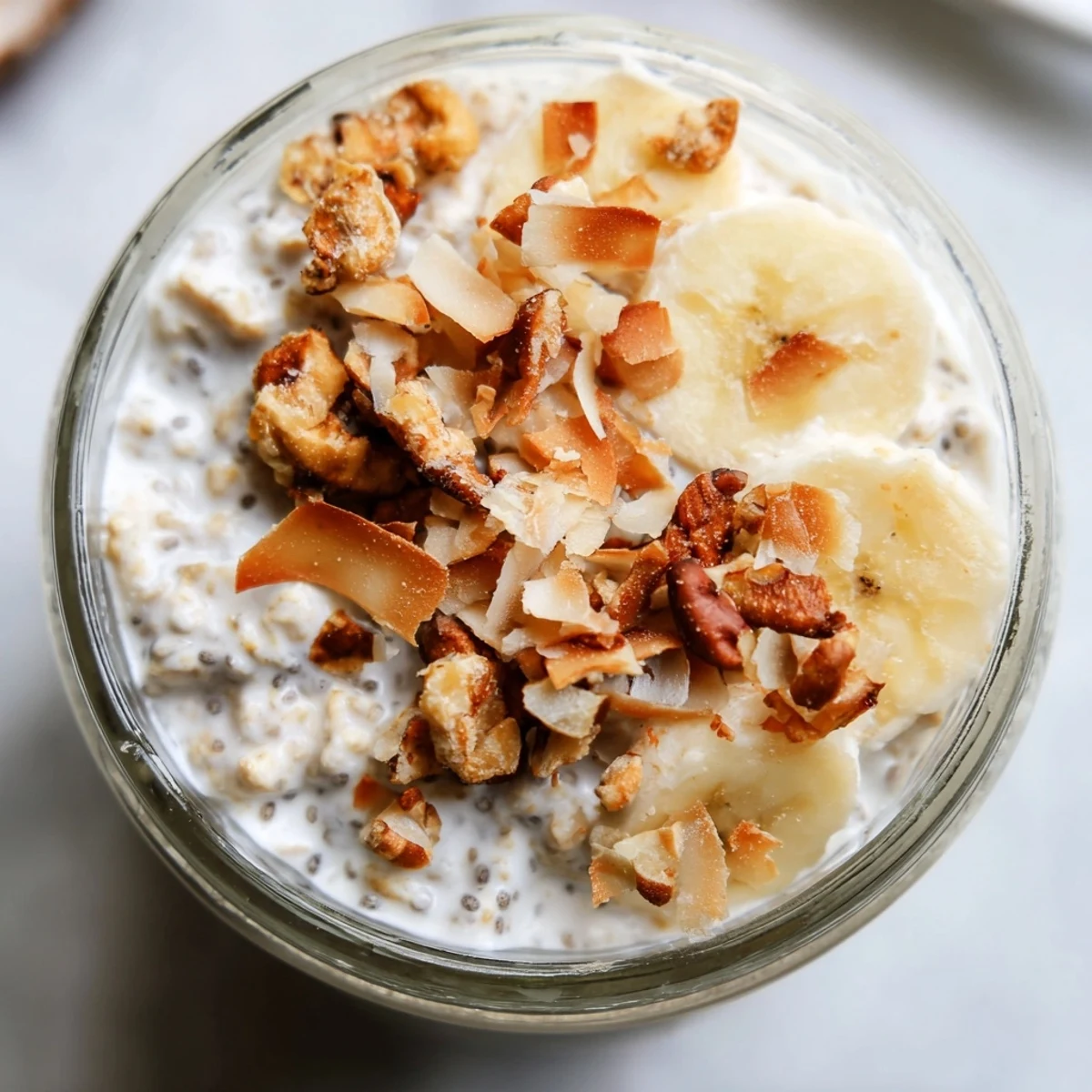 Creamy coconut cream pie overnight oats topped with toasted coconut flakes in a glass jar