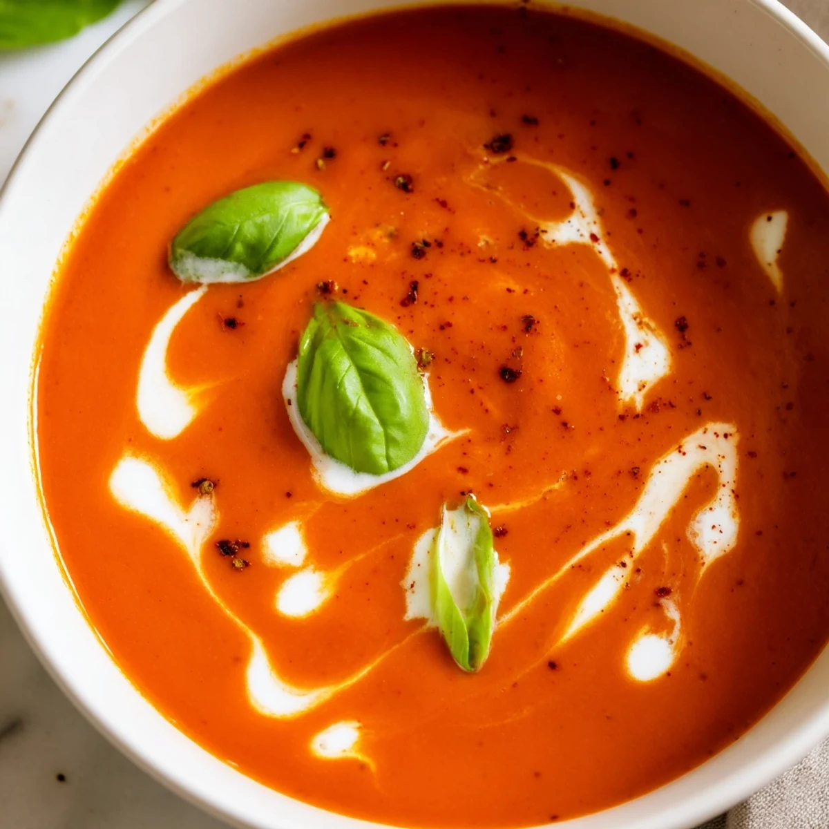 Creamy fire roasted tomato soup in a white bowl with fresh basil garnish