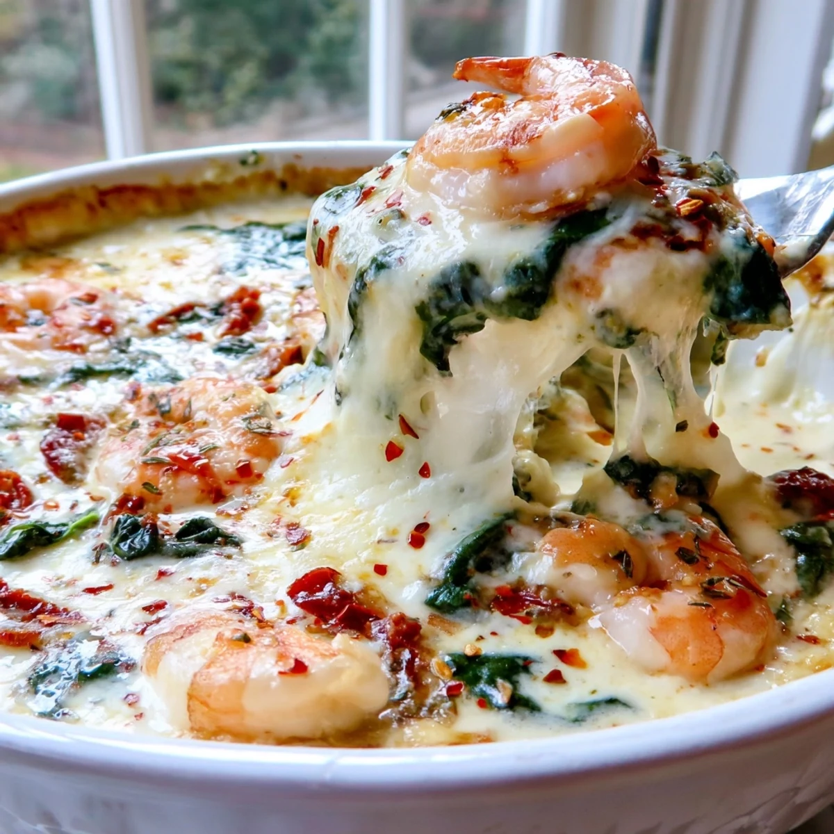 Creamy Low Carb Shrimp Tuscan Bake with golden melted mozzarella and sun-dried tomatoes