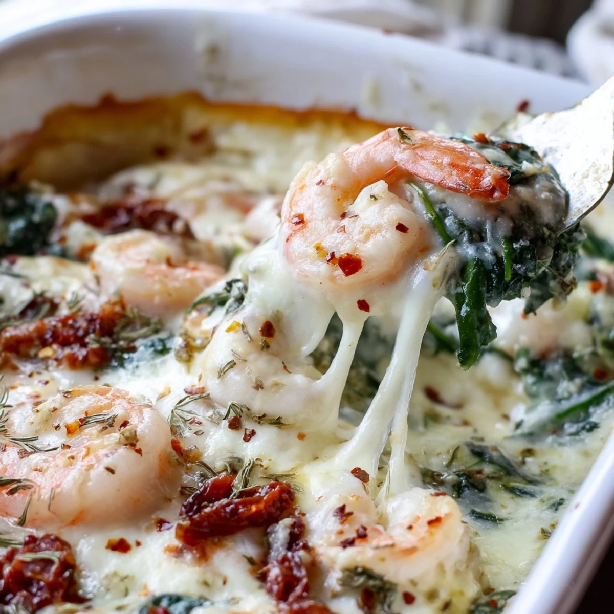 Low Carb Shrimp Tuscan Bake served steaming with vibrant spinach and creamy garlic sauce