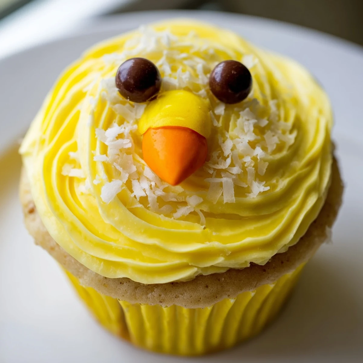 Adorable Easter chick cupcakes with bright yellow frosting and sweet candy faces on display