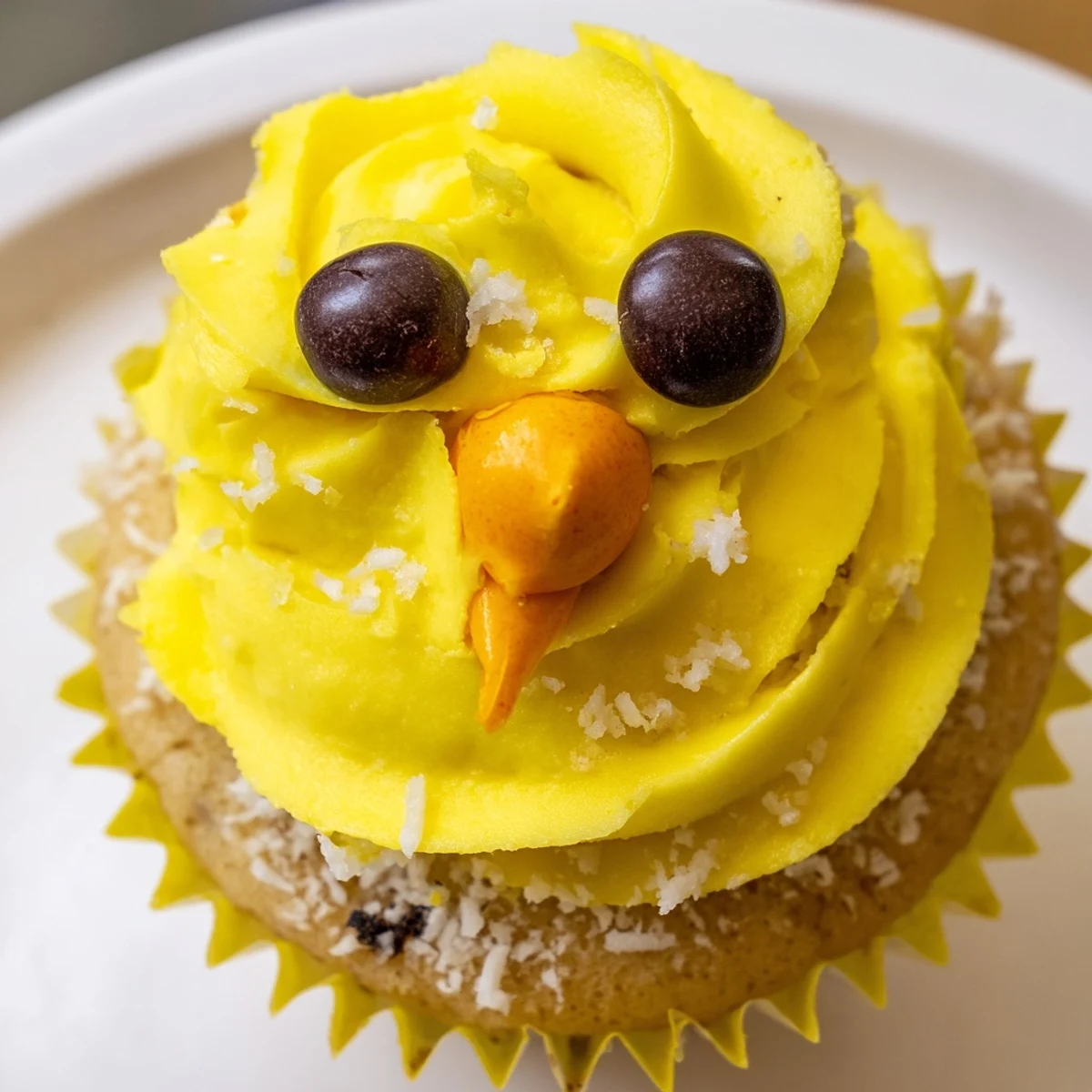 Cute Easter chick cupcakes topped with fluffy buttercream and decorated with chocolate chip eyes