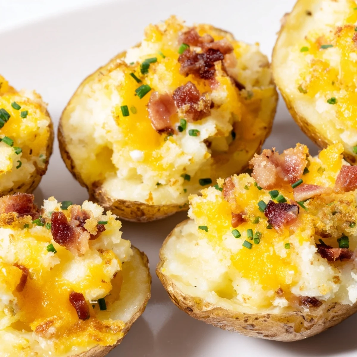 Golden Irish Potato Bites topped with melted cheddar and fresh green chives on a rustic serving platter