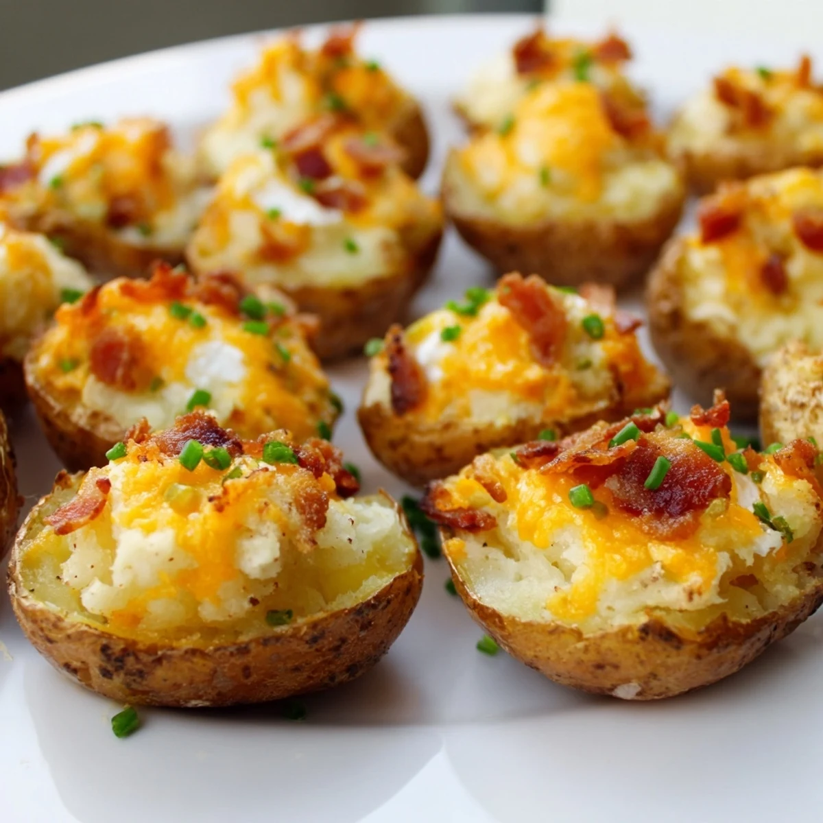 Crispy Irish Potato Bites filled with creamy bacon cheddar mixture arranged on a white ceramic plate