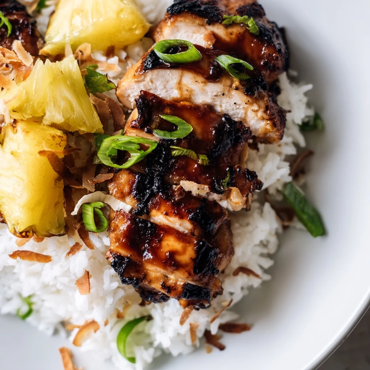 Tender glazed chicken over creamy coconut rice with fresh pineapple and green onions