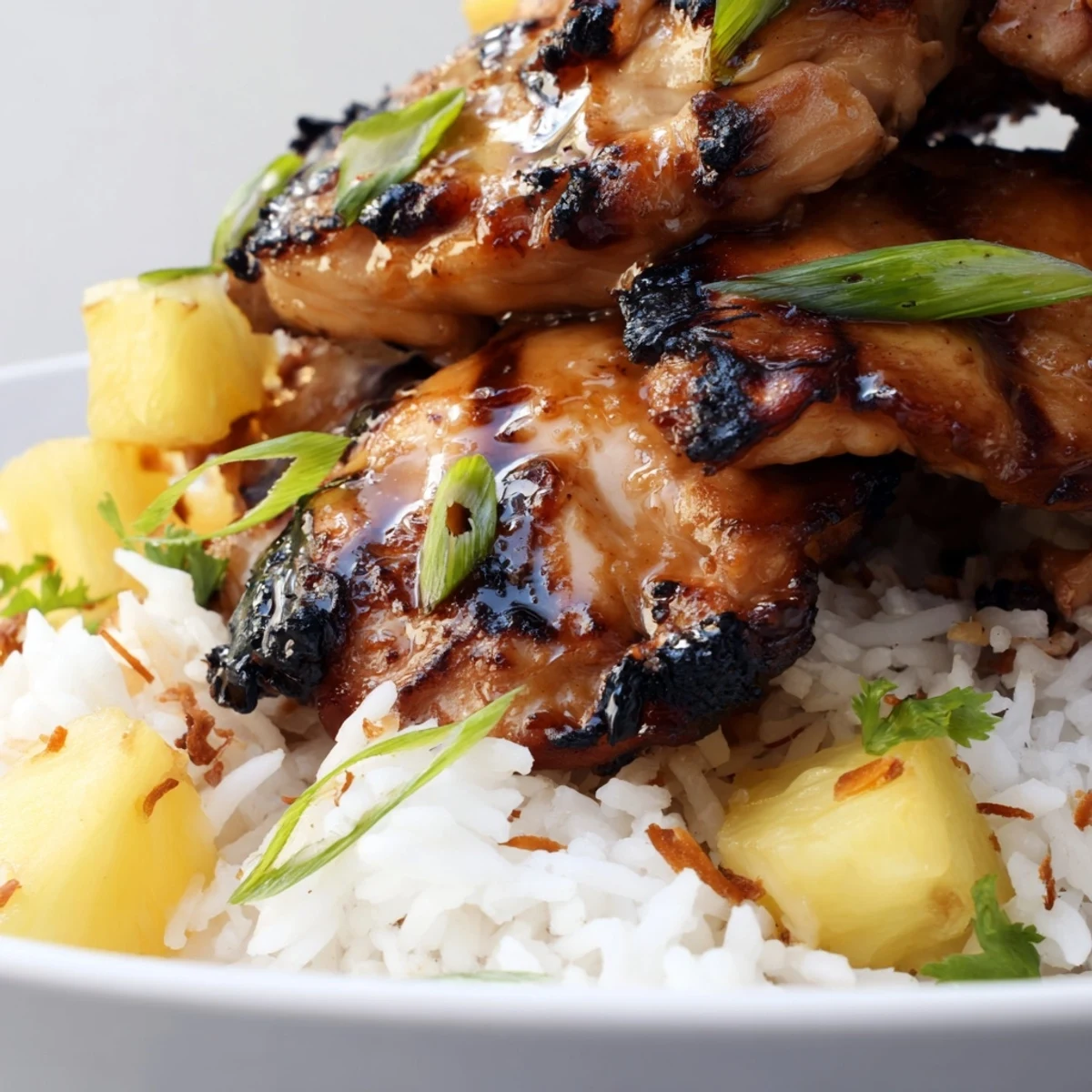 Hawaiian chicken coconut rice topped with juicy pineapple cubes and toasted sesame seeds
