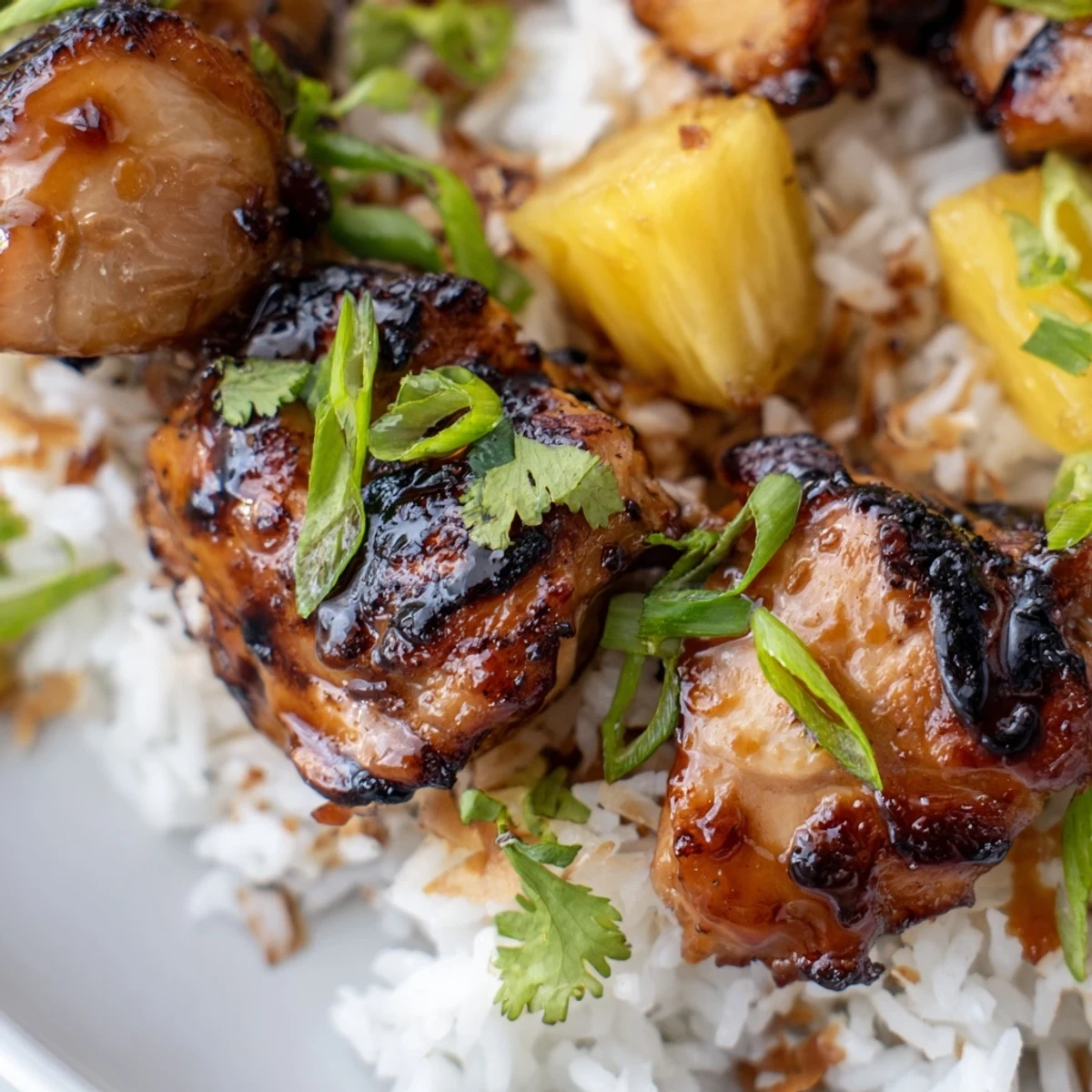 Caramelized Hawaiian chicken coconut rice garnished with cilantro and shredded coconut in bowl